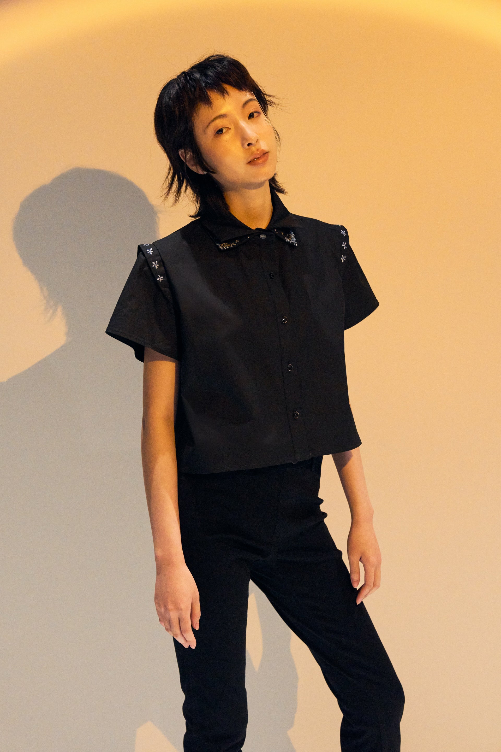 French Silk Ribbon Embroidery cropped Shirt - Black