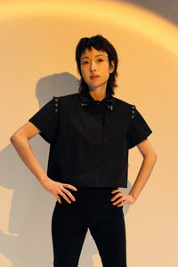 French Silk Ribbon Embroidery cropped Shirt - Black