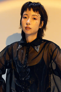 French Silk Ribbon Embroidery Organza Blouse - black