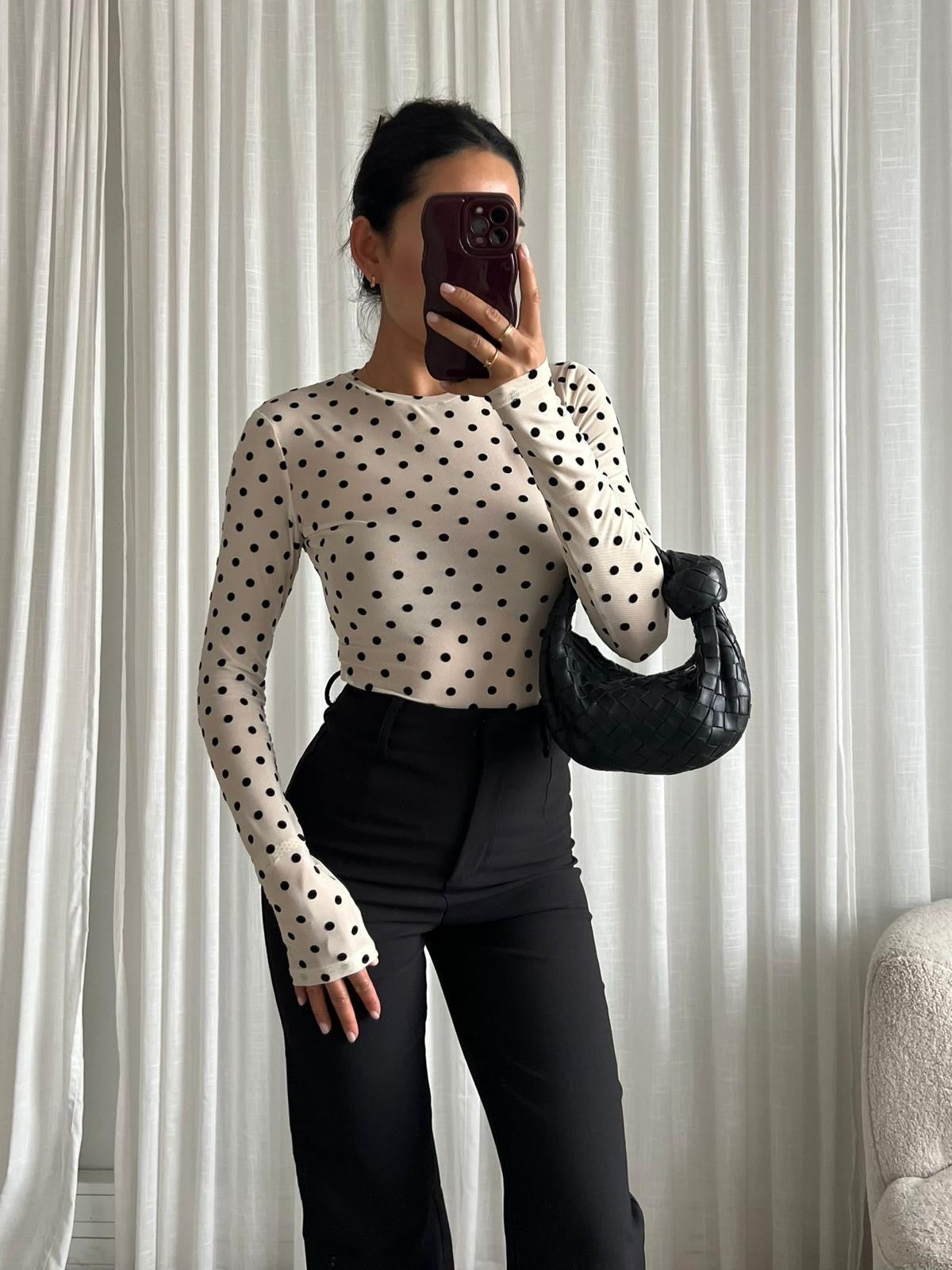 LELIA POLKA DOT MESH TOP CREAM