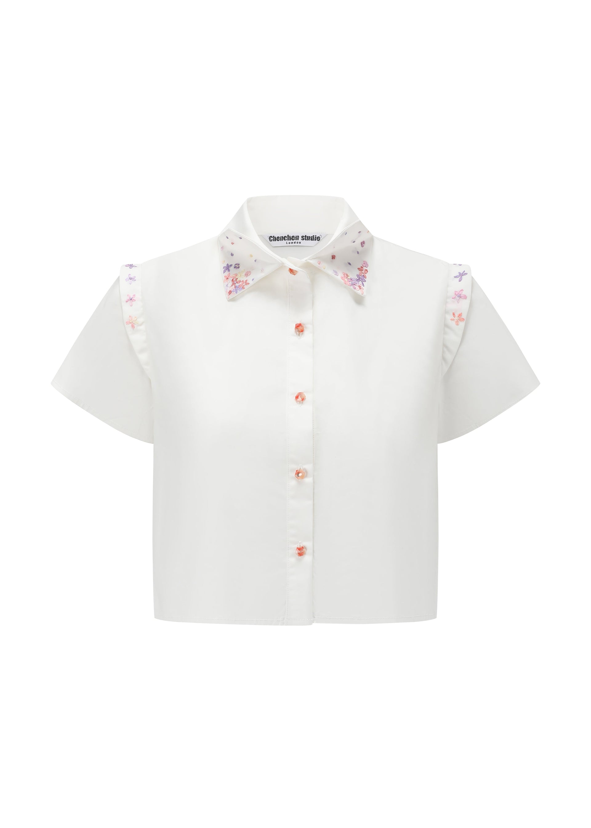 French Silk Ribbon Embroidery cropped Shirt - White