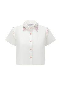 French Silk Ribbon Embroidery cropped Shirt - White
