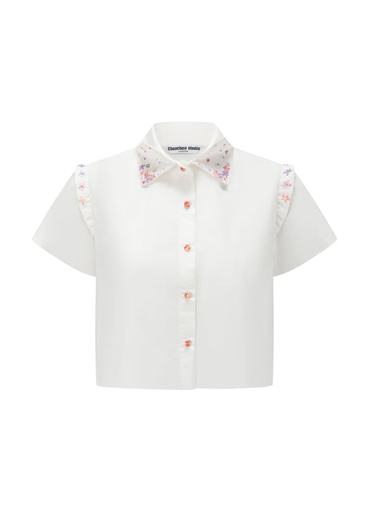 French Silk Ribbon Embroidery cropped Shirt - White