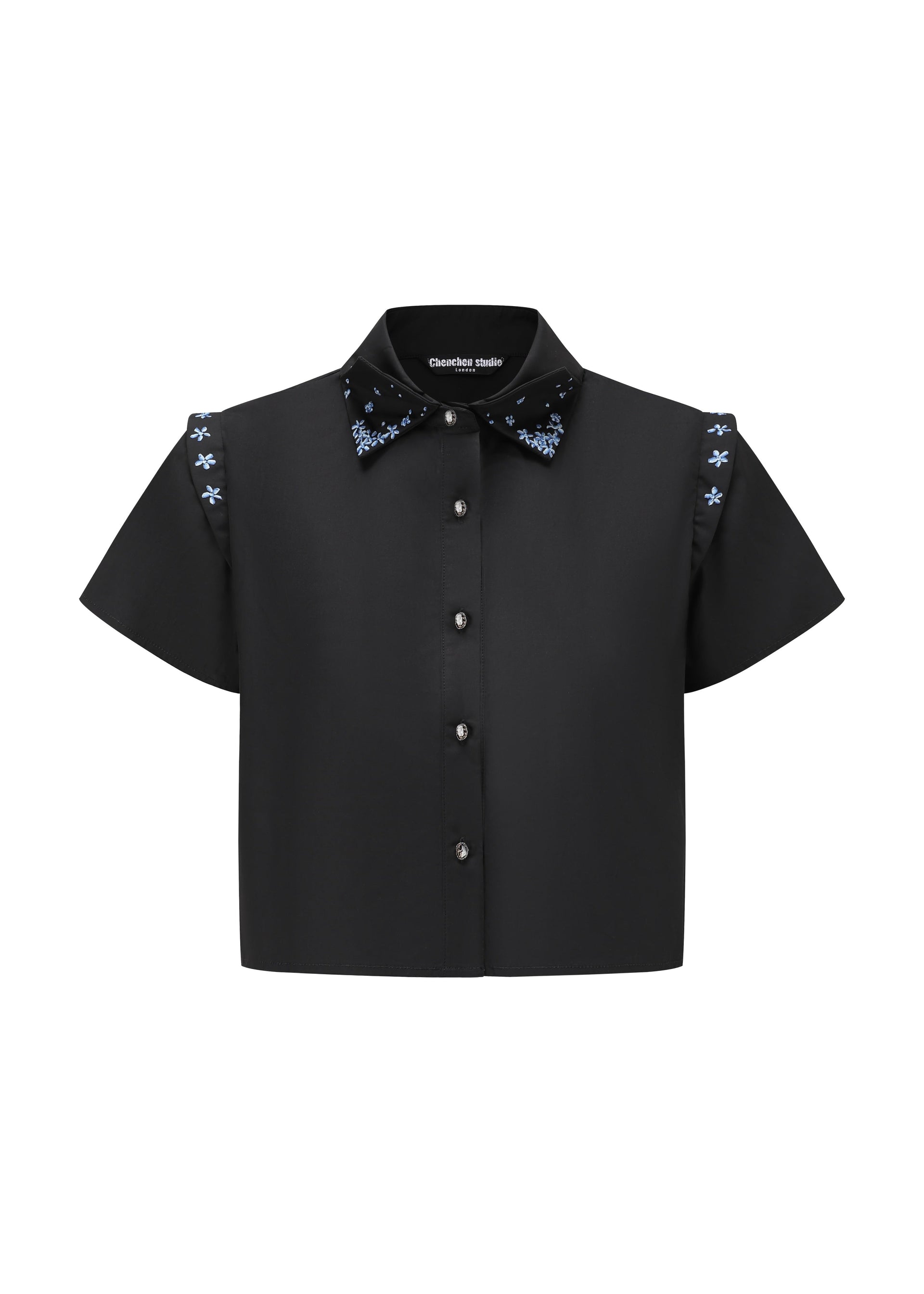 French Silk Ribbon Embroidery cropped Shirt - Black