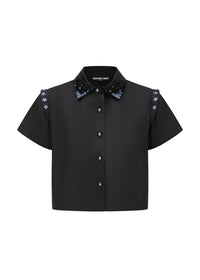 French Silk Ribbon Embroidery cropped Shirt - Black