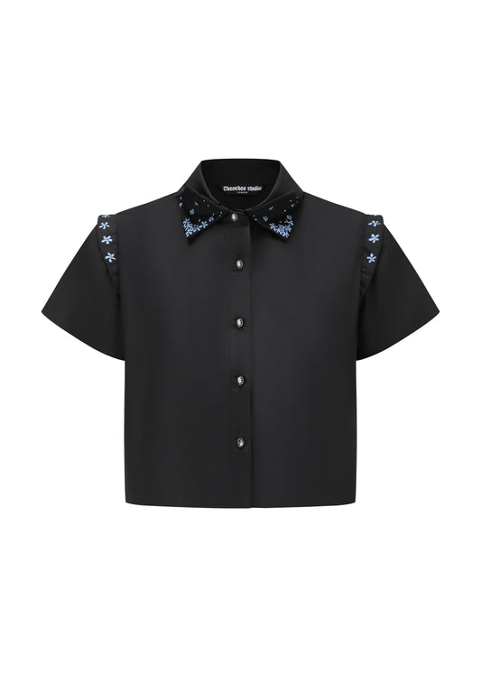 French Silk Ribbon Embroidery cropped Shirt - Black