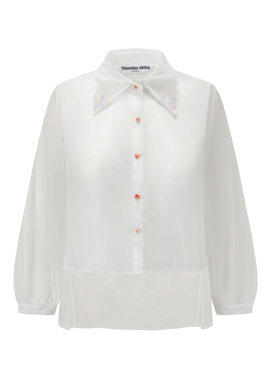 French Silk Ribbon Embroidery Organza Blouse - white