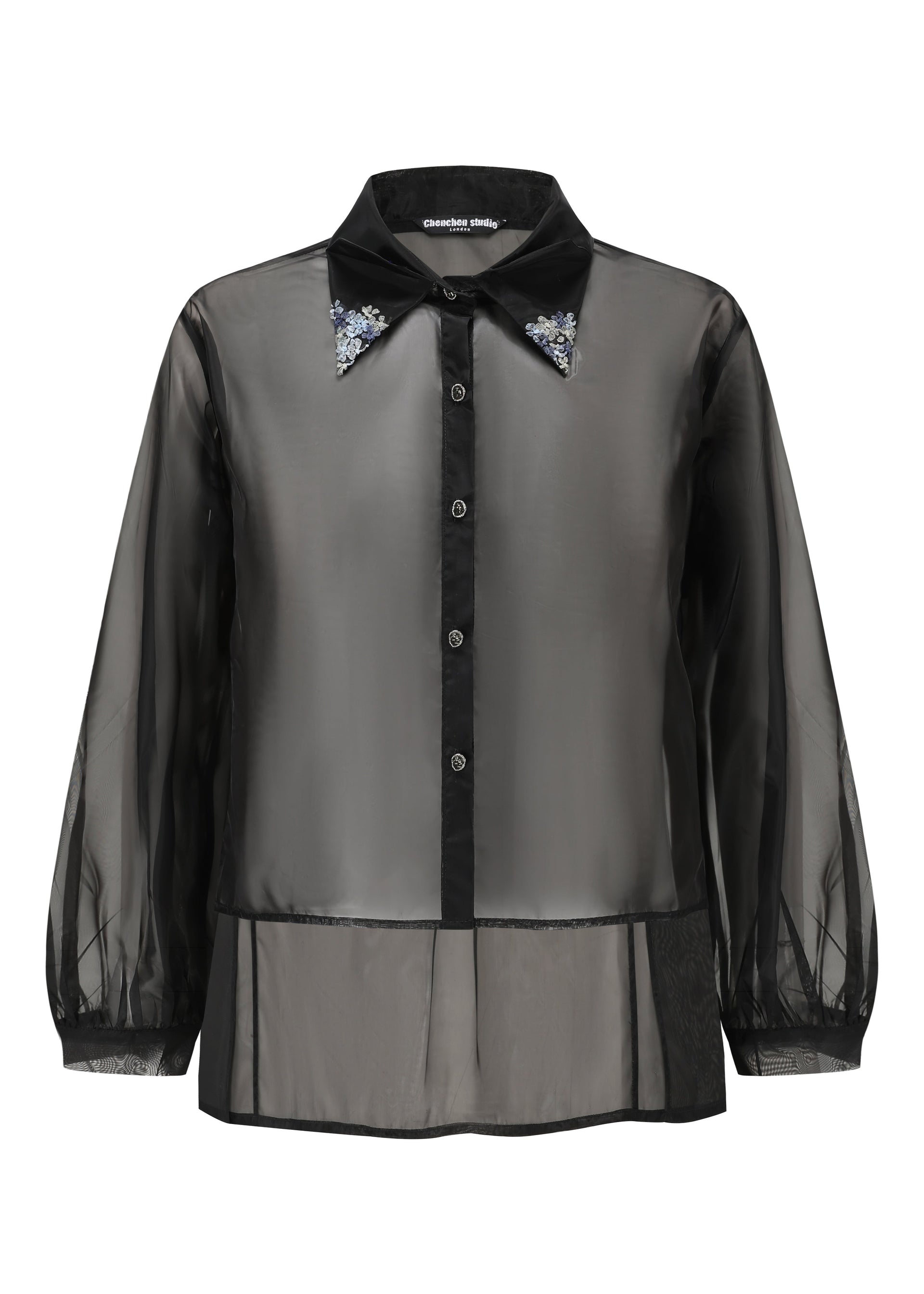 French Silk Ribbon Embroidery Organza Blouse - black