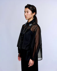French Silk Ribbon Embroidery Organza Blouse - black