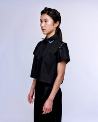 French Silk Ribbon Embroidery cropped Shirt - Black