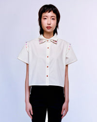 French Silk Ribbon Embroidery cropped Shirt - White