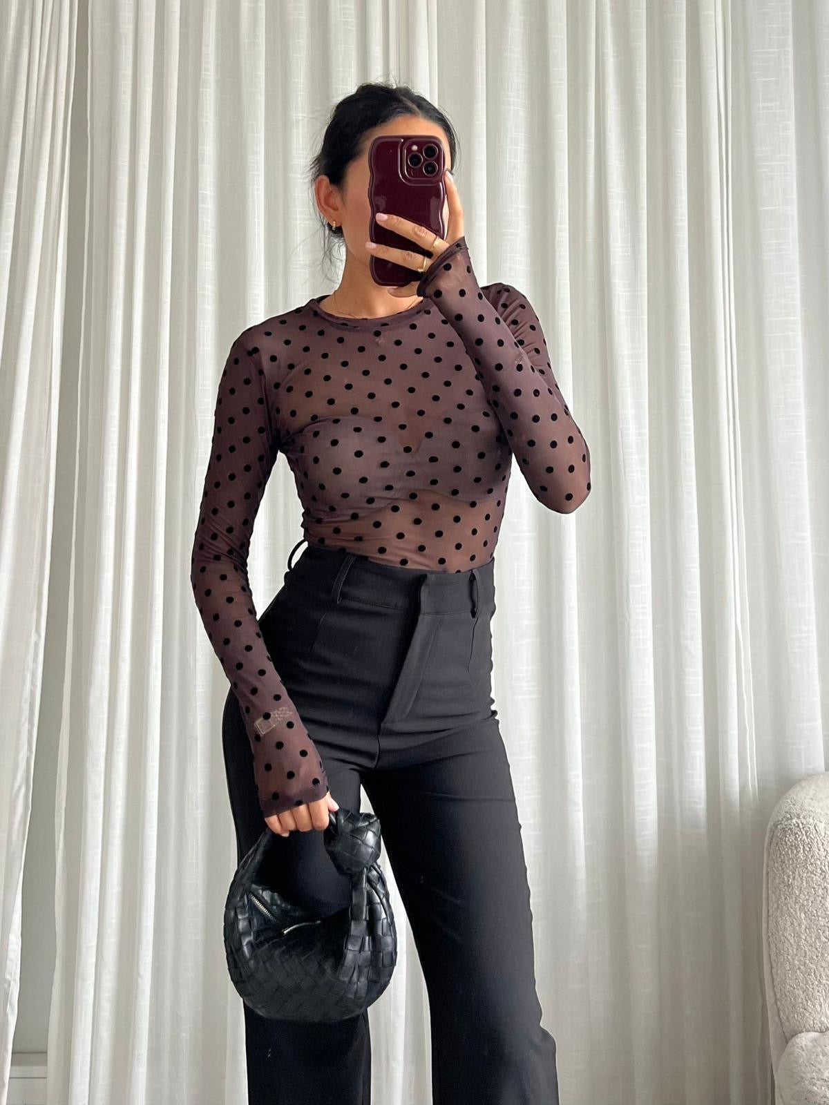LELIA POLKA DOT MESH TOP BROWN