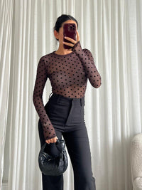 LELIA POLKA DOT MESH TOP BROWN