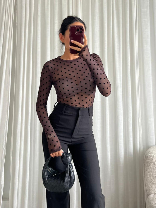 LELIA POLKA DOT MESH TOP BROWN