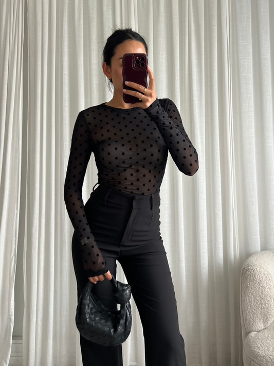 LELIA MESH TOP BLACK POLKA DOT
