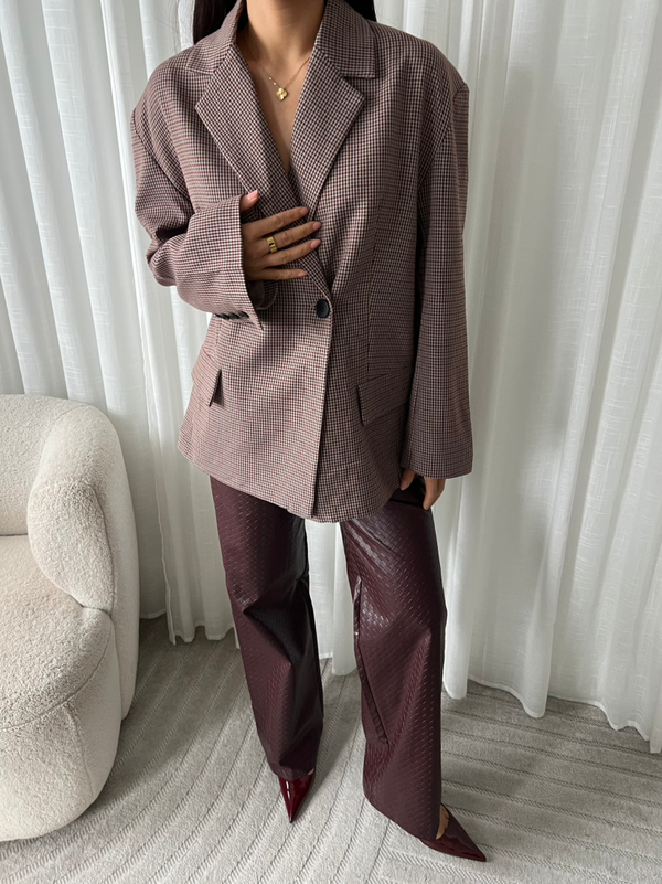 SLOANE BURGUNDY OVERSIZED CHECKED BLAZER